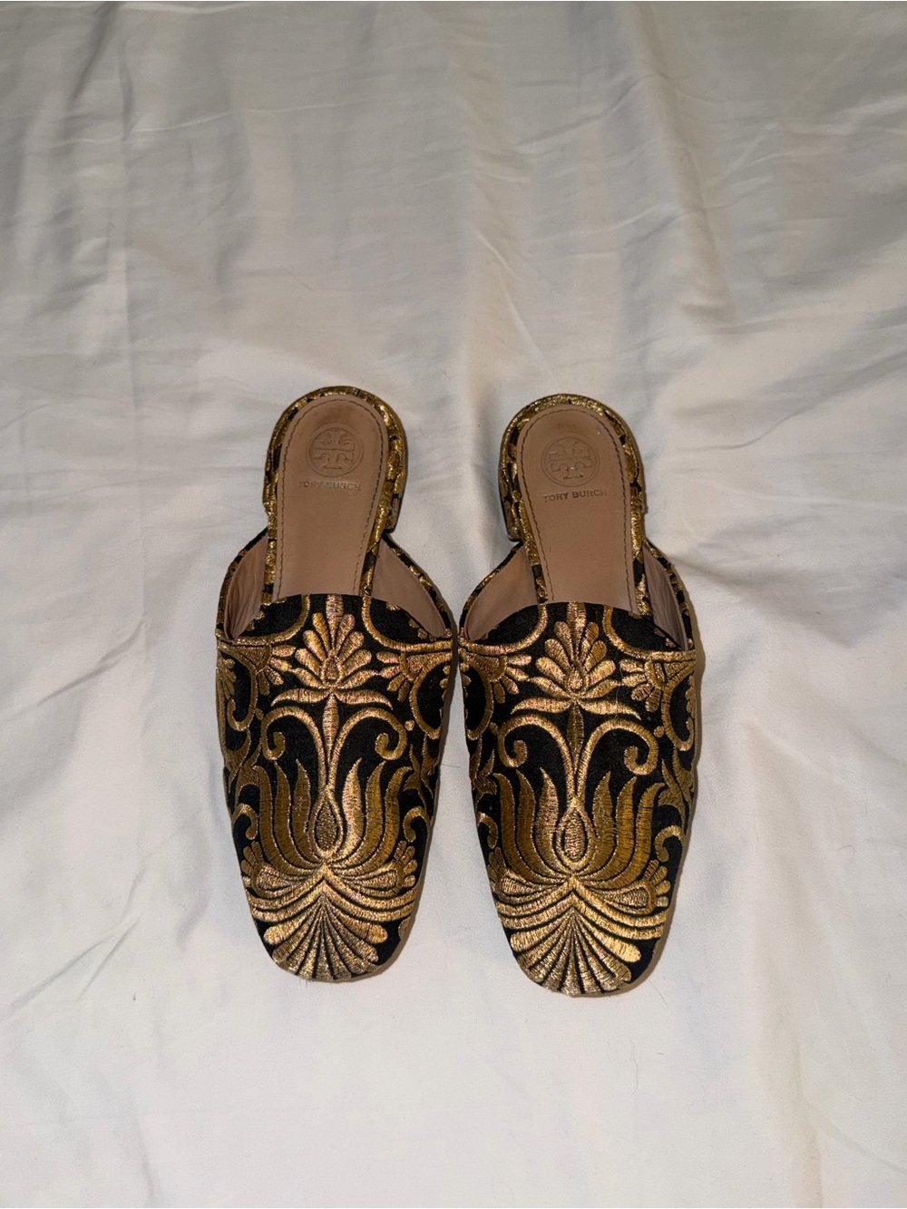 Tory Burch Black & Gold Embroidered Slip-On Mules